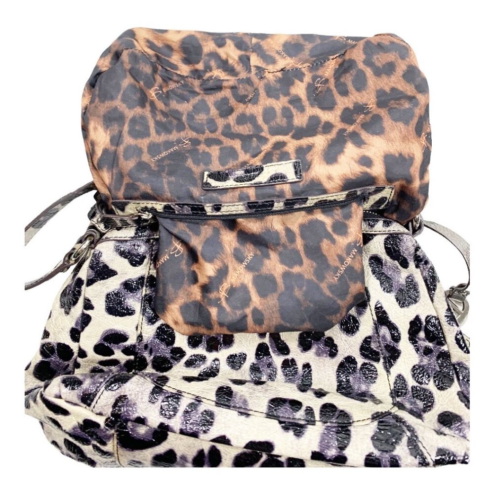 B. Makowsky Shiny Leopard Print Genuine Leather Satchel Handbag Purse - Picture 12 of 16